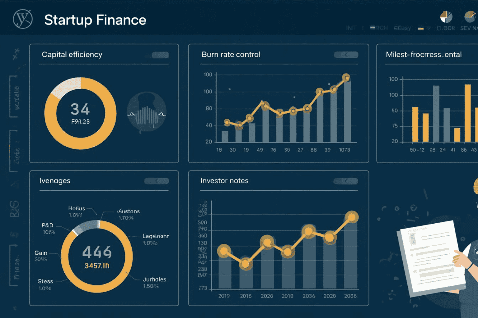 Startup founder reviewing capital efficiency and burn rate dashboard