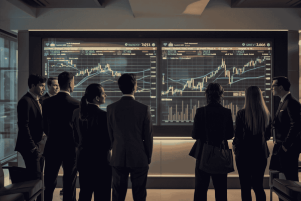 Executives reviewing capital market signals and financial indicators