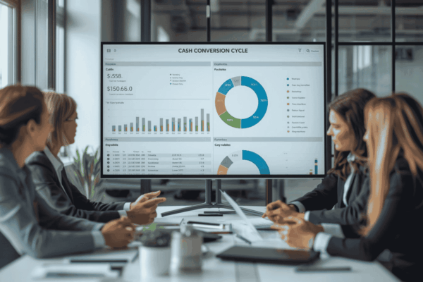 Finance team reviewing cash conversion efficiency dashboard