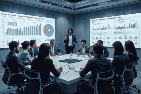 Executives leading change management planning in global organization