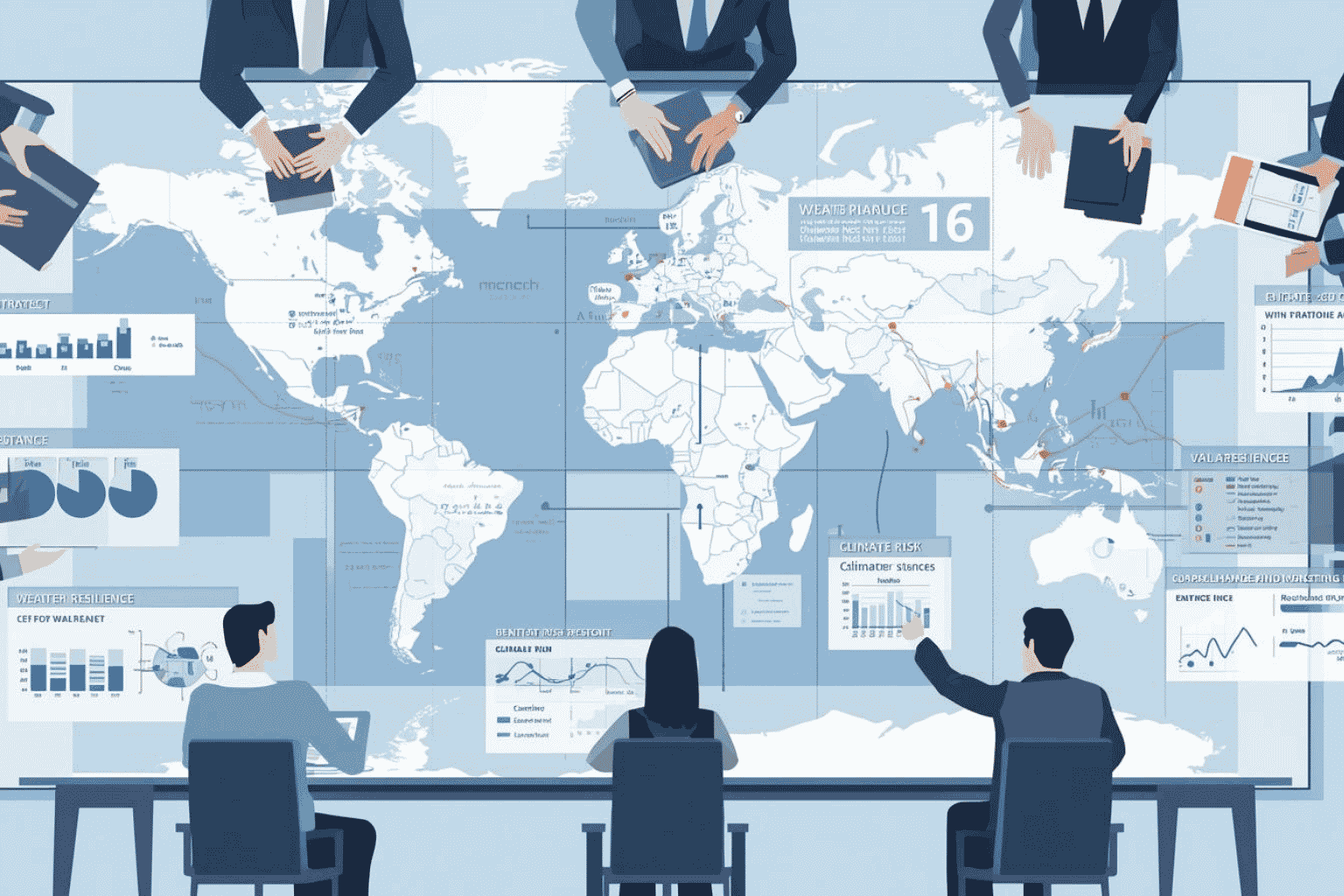 Executives reviewing climate risk assessment for business expansion planning