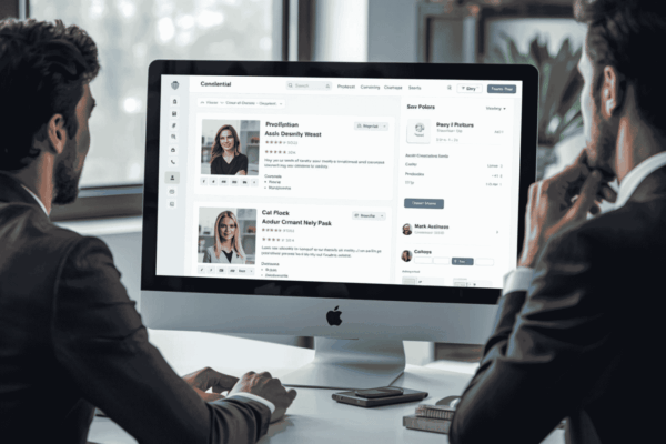 Buyer reviewing confidential business listing on secure marketplace platform