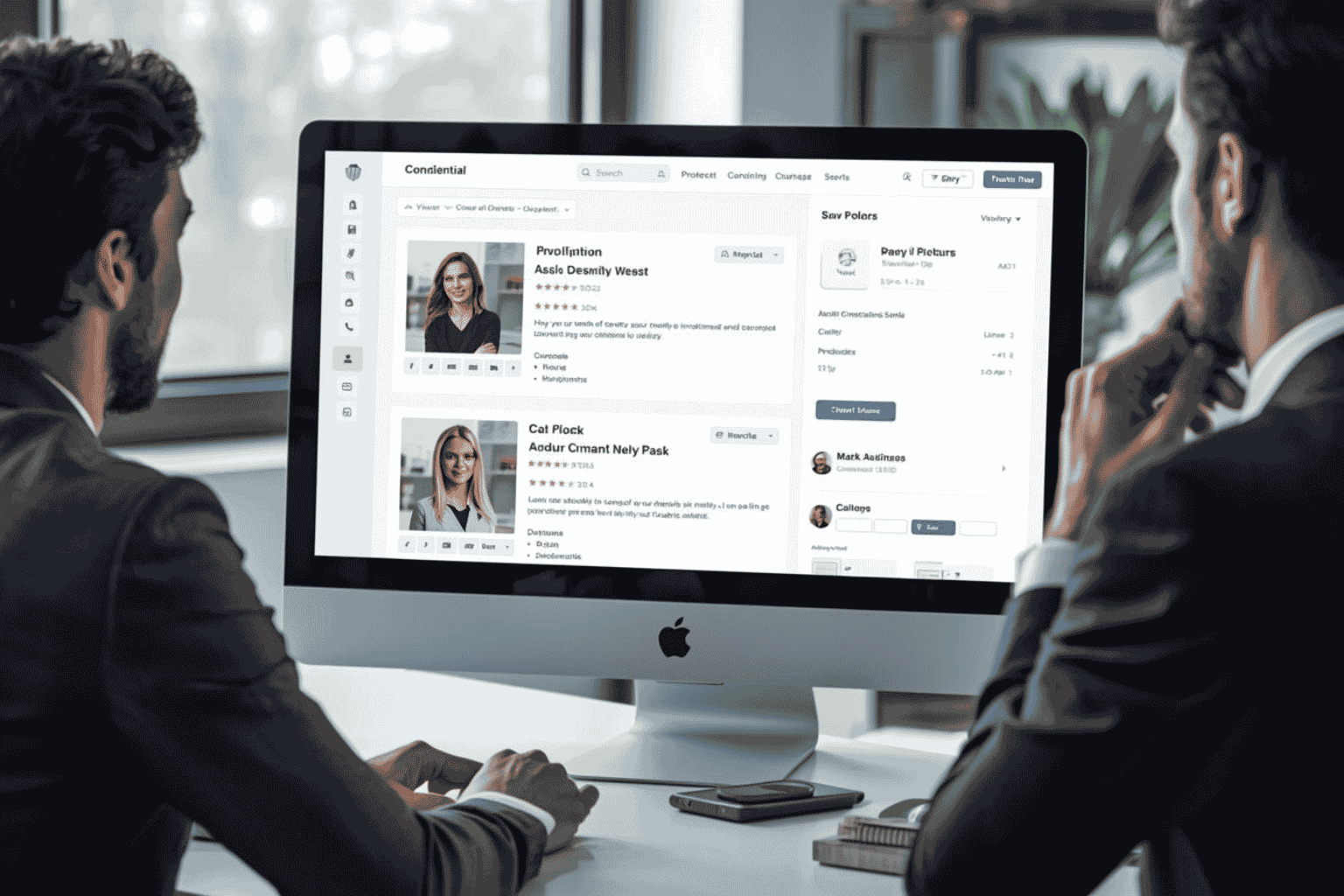 Buyer reviewing confidential business listing on secure marketplace platform