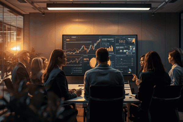 Business leaders reviewing credit market conditions and financing strategy