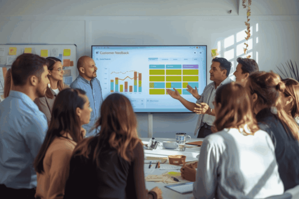 Startup team using customer feedback to guide innovation strategy