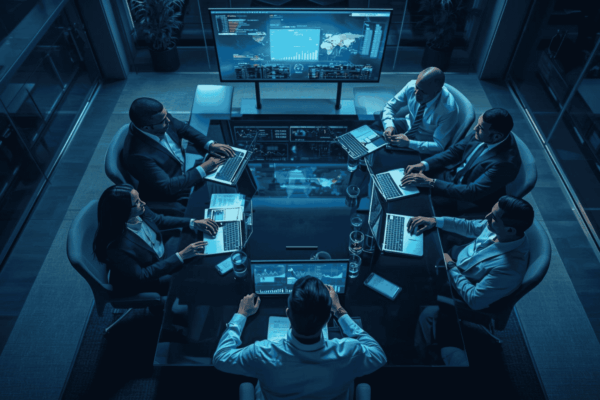 Global executives using data dashboards for business decisions
