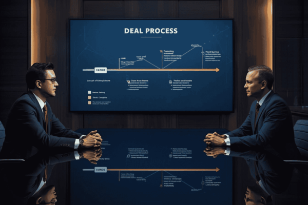 Business seller and broker reviewing a structured transaction process