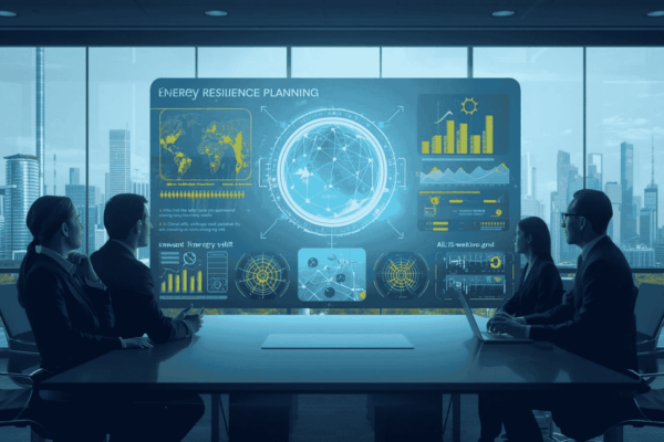 Executives reviewing energy resilience and business continuity strategy