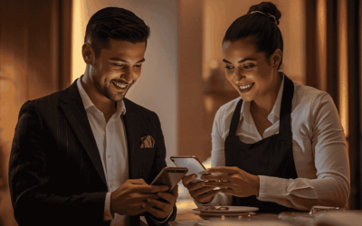 Hotel guest using personalized hospitality service app