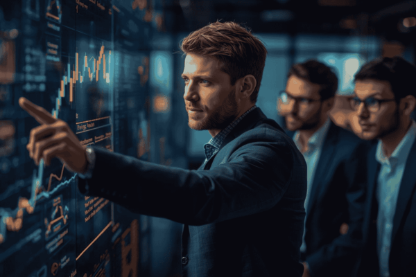 Startup founder demonstrating execution progress while investors review metrics