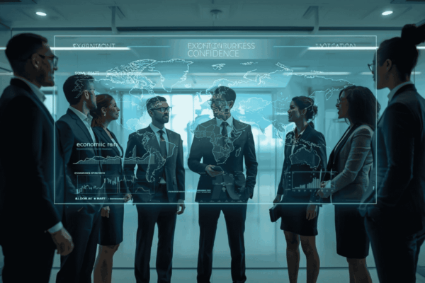 Executives reviewing global business confidence and expansion indicators