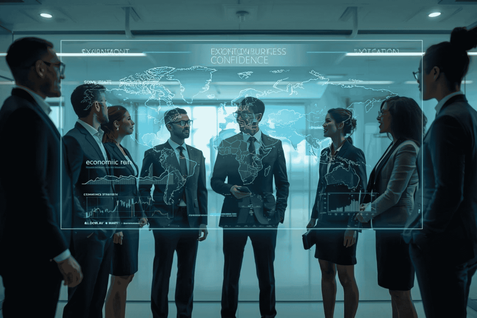 Executives reviewing global business confidence and expansion indicators