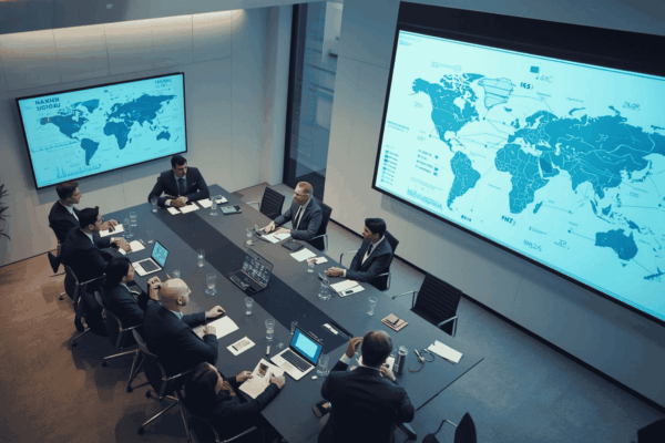 Executives reviewing global risk and resilience growth strategy