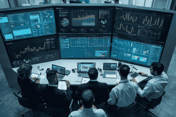 Healthcare administrators reviewing operational efficiency dashboard