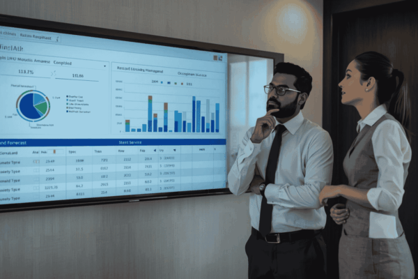 Hotel manager reviewing demand forecast and operational staffing dashboard