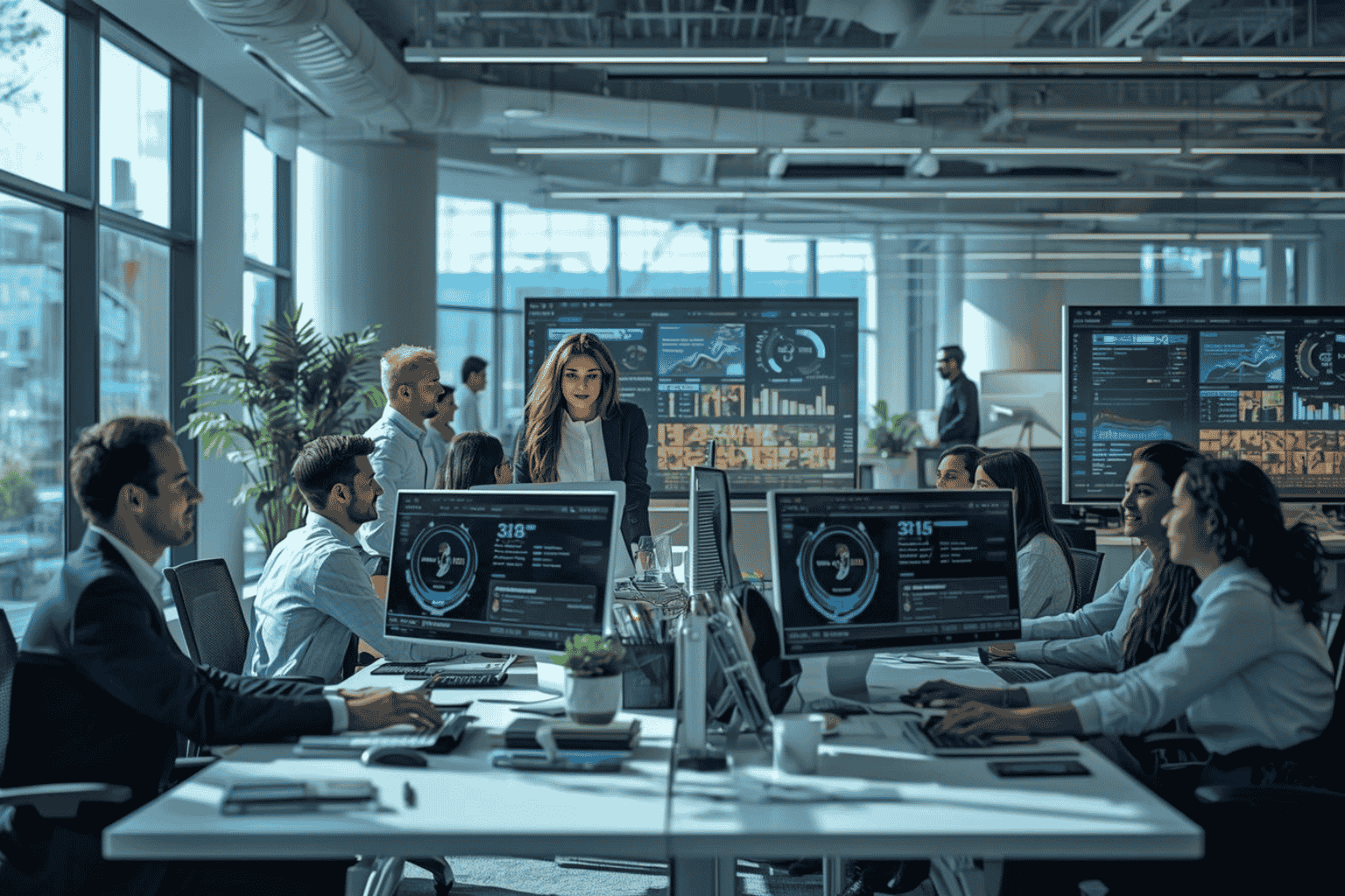 Employees collaborating with AI tools in modern workplace