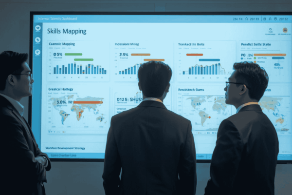 HR leaders reviewing internal talent mobility and skills mapping dashboard
