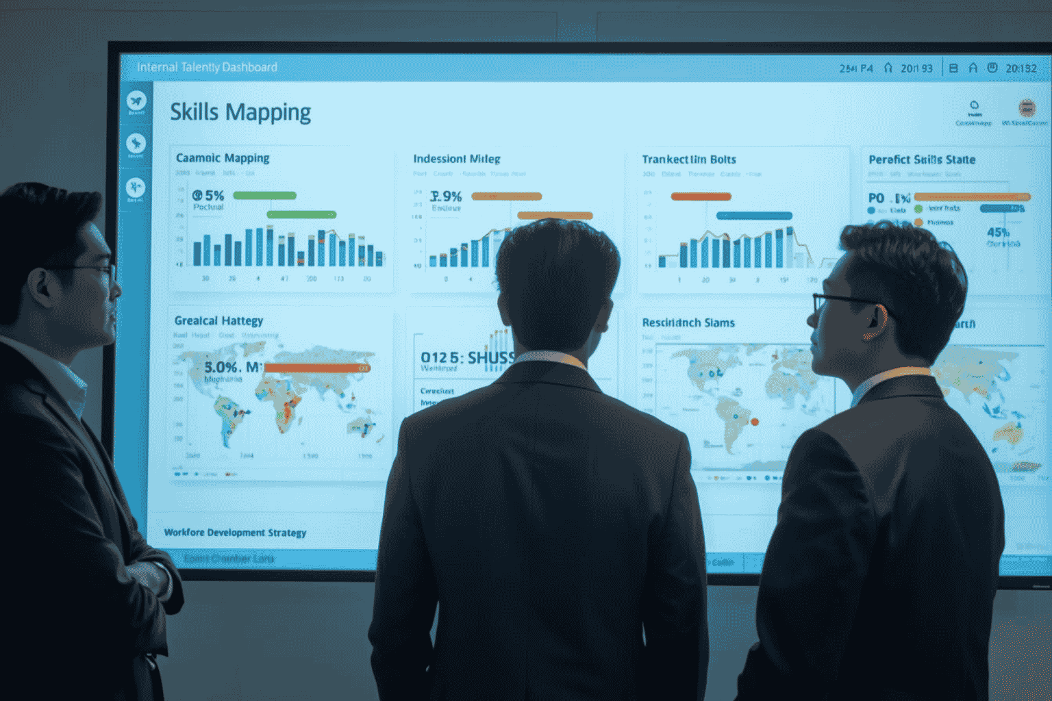 HR leaders reviewing internal talent mobility and skills mapping dashboard