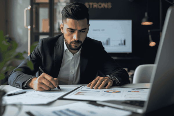 Startup founder preparing investor follow-up materials after a funding meeting