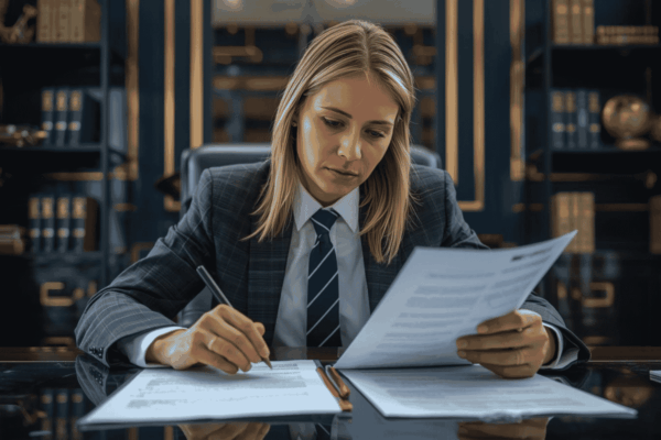 Attorney reviewing transaction documents before closing deadline