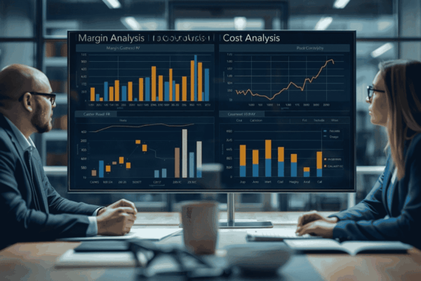 Executives reviewing margin discipline and profitability dashboard
