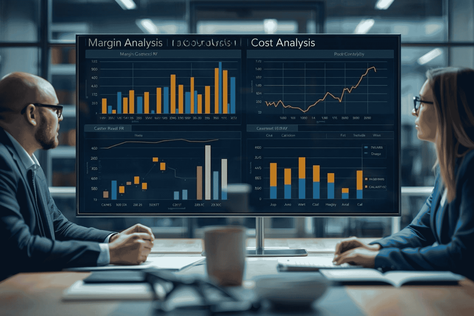 Executives reviewing margin discipline and profitability dashboard