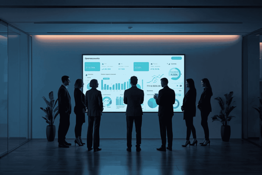 Finance team reviewing open banking dashboard for business cash visibility