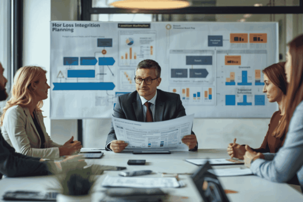 Buyer reviewing post-acquisition integration plan with advisors