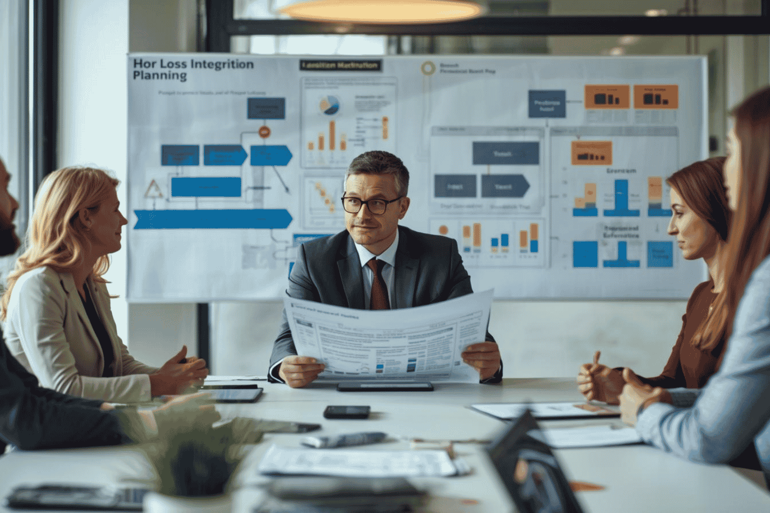 Buyer reviewing post-acquisition integration plan with advisors