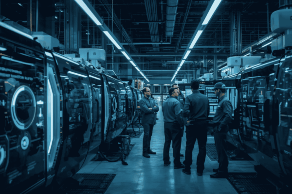 Engineers using predictive maintenance dashboard in manufacturing plant