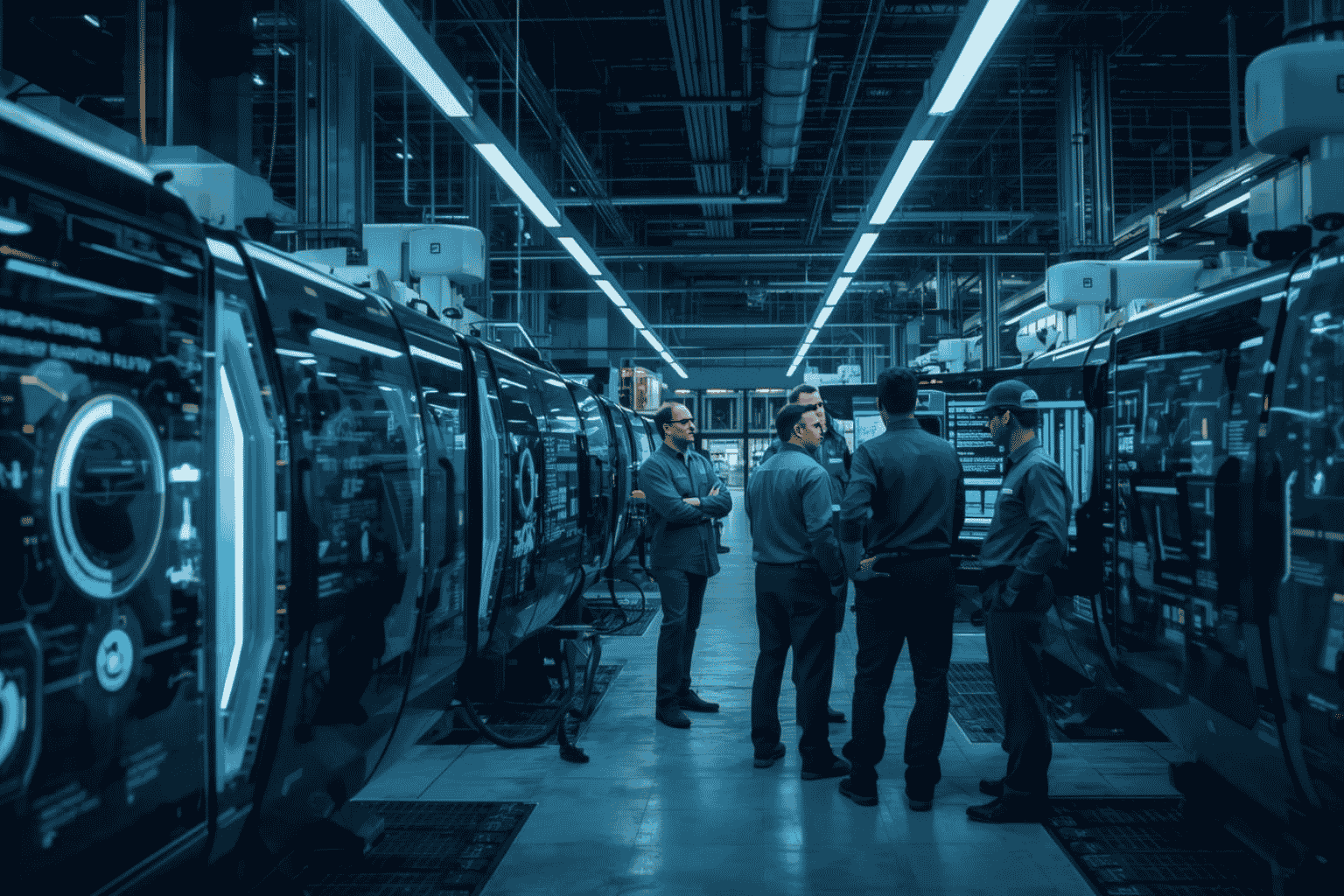 Engineers using predictive maintenance dashboard in manufacturing plant
