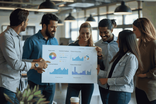 Startup team reviewing product-market fit and customer feedback metrics