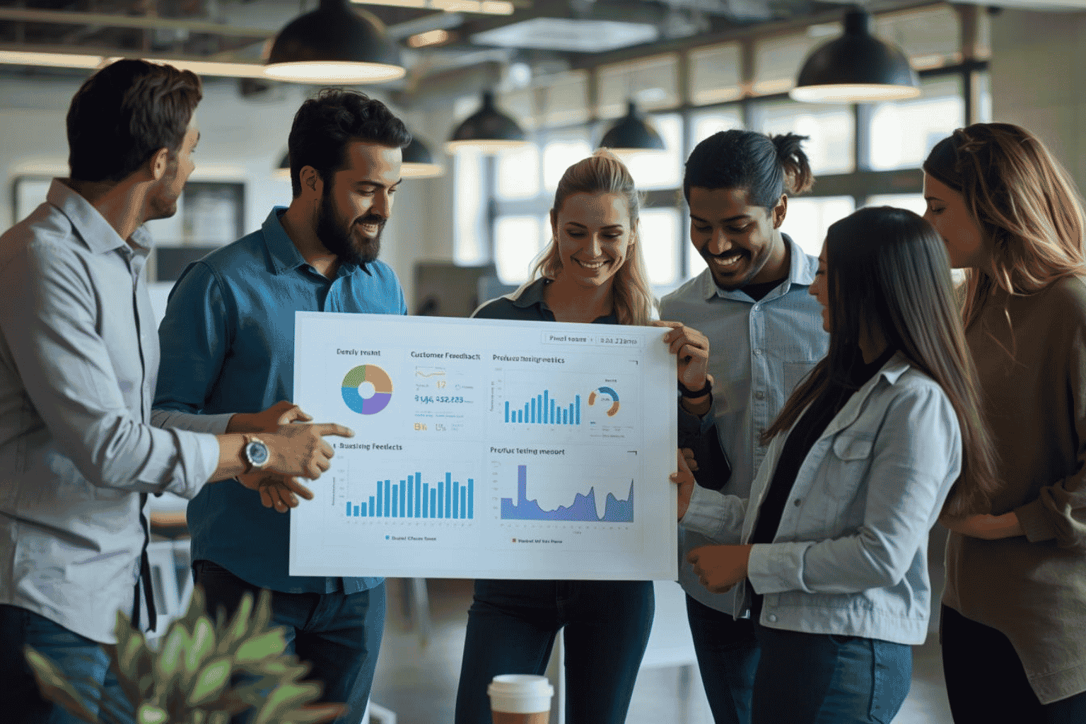 Startup team reviewing product-market fit and customer feedback metrics