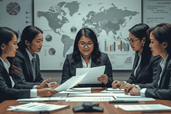Business leaders reviewing global regulatory compliance requirements