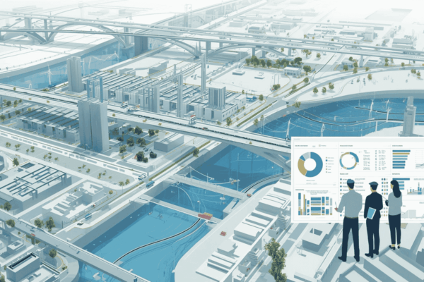 Engineers reviewing resilient infrastructure planning dashboard