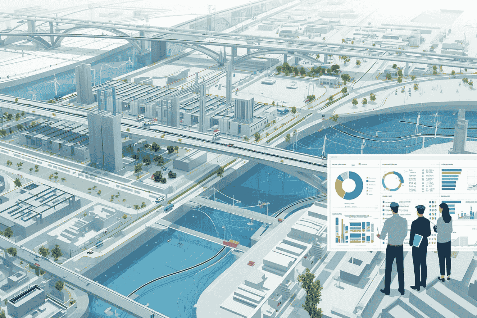 Engineers reviewing resilient infrastructure planning dashboard