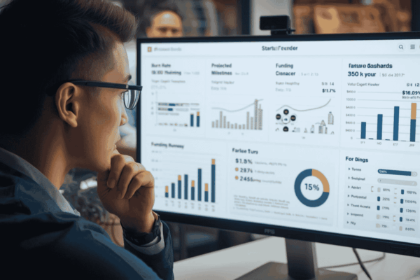Startup founder reviewing runway timeline and burn rate dashboard before investor discussion