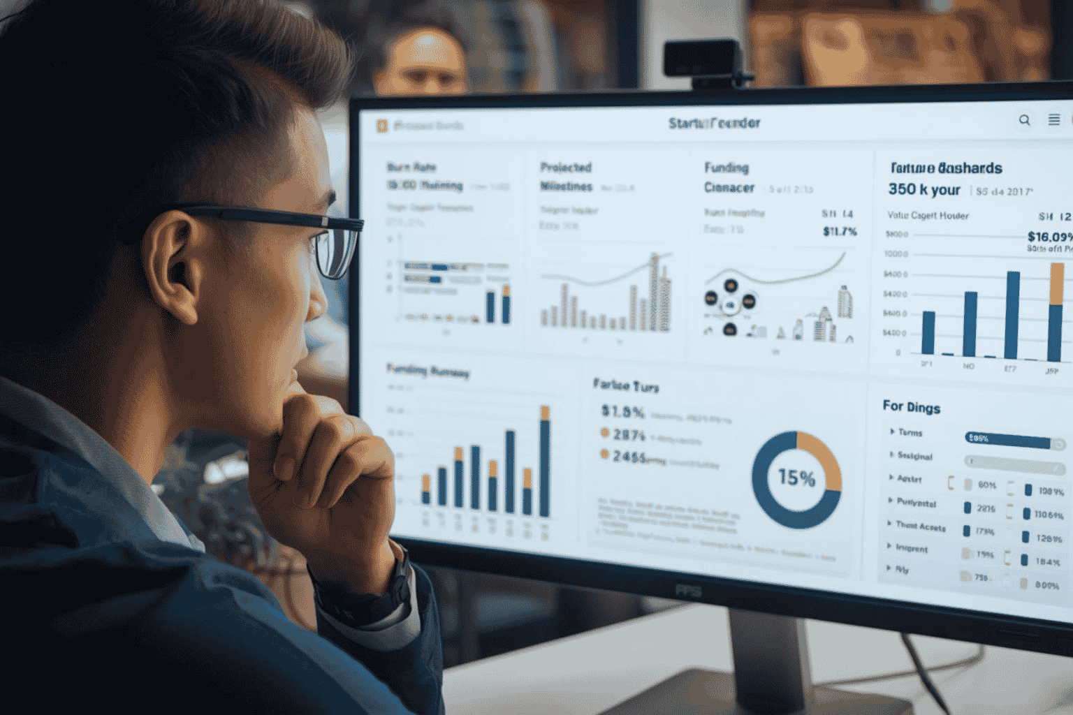 Startup founder reviewing runway timeline and burn rate dashboard before investor discussion