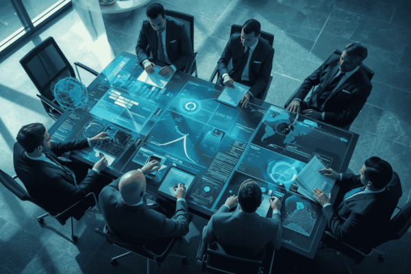 Executives reviewing sector-specific acquisition strategy