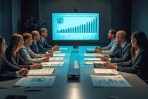 Executives reviewing selective mid-market acquisition opportunities