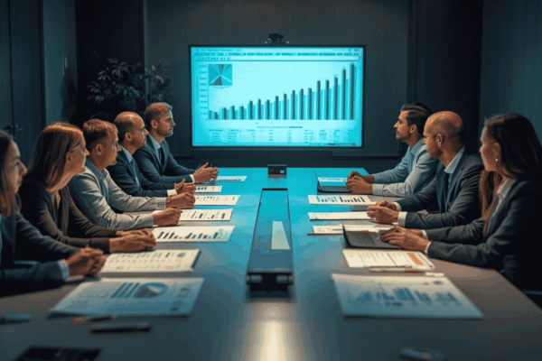Executives reviewing selective mid-market acquisition opportunities