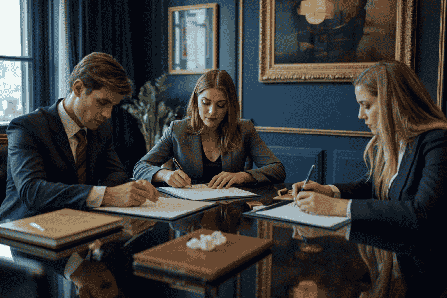 Legal team reviewing transaction documentation before closing