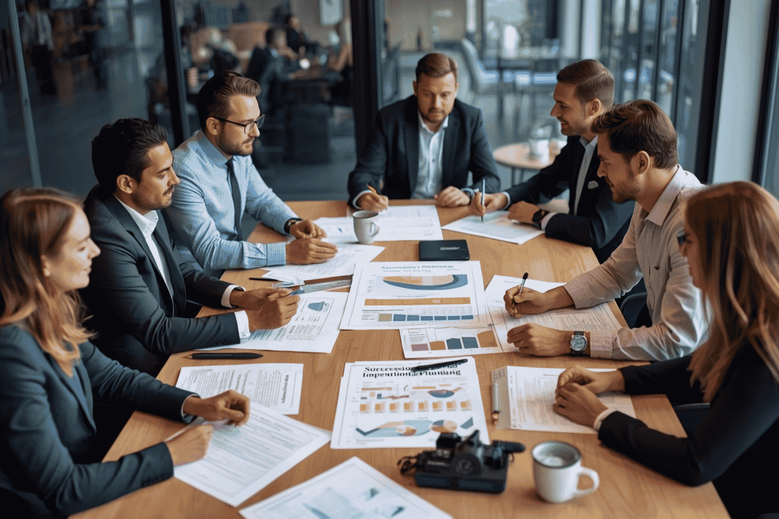 Business owner reviewing transition planning roadmap with advisors