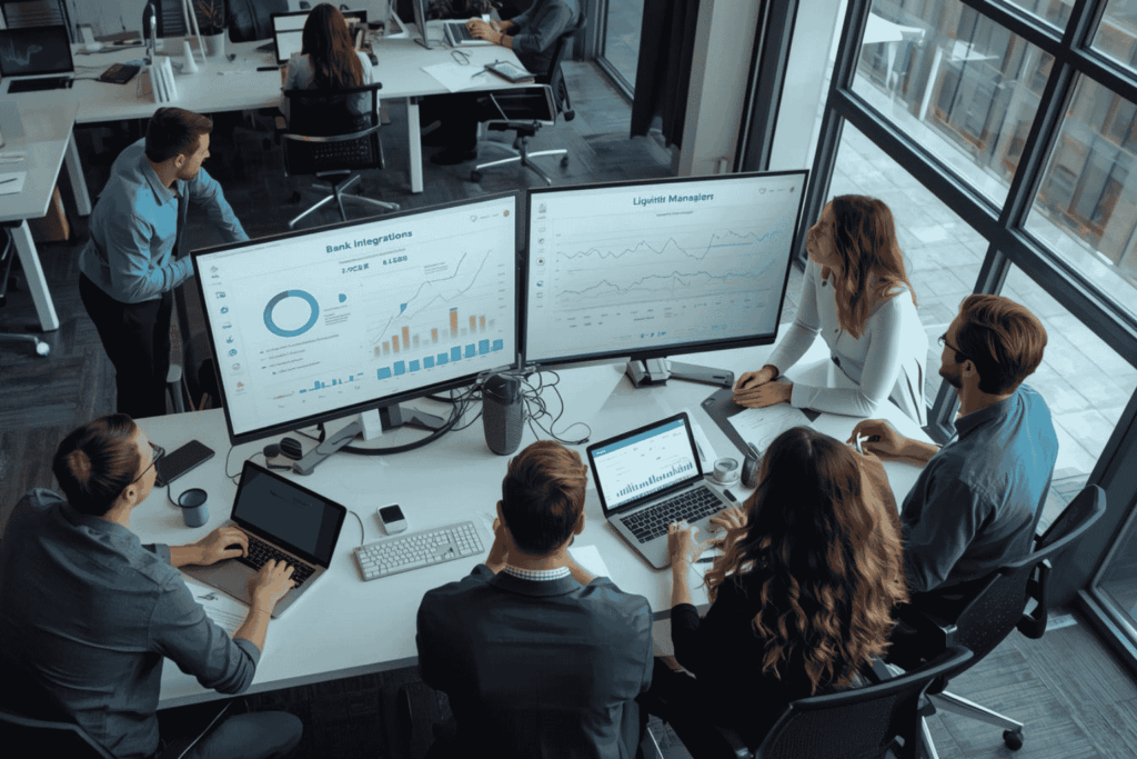 Finance team reviewing treasury automation and cash visibility dashboard
