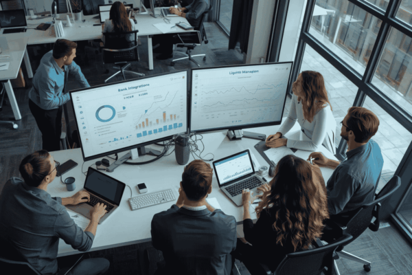 Finance team reviewing treasury automation and cash visibility dashboard