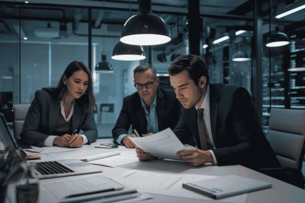 Business owner and advisors preparing vendor due diligence documents