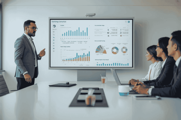 Business finance team reviewing working capital dashboard