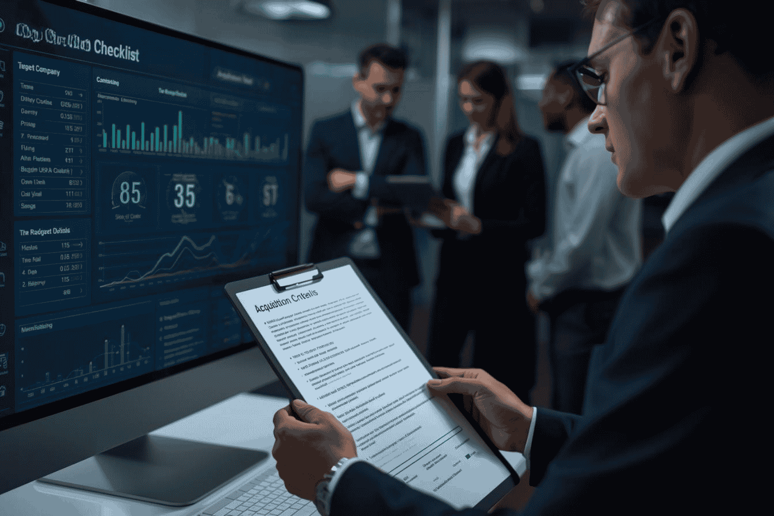 Buyer reviewing acquisition criteria with advisors before pursuing a deal