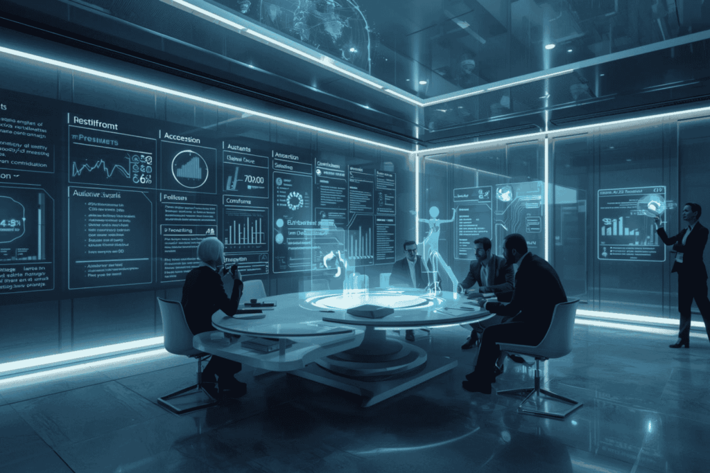 Business team using AI decision support inside daily workflow dashboard