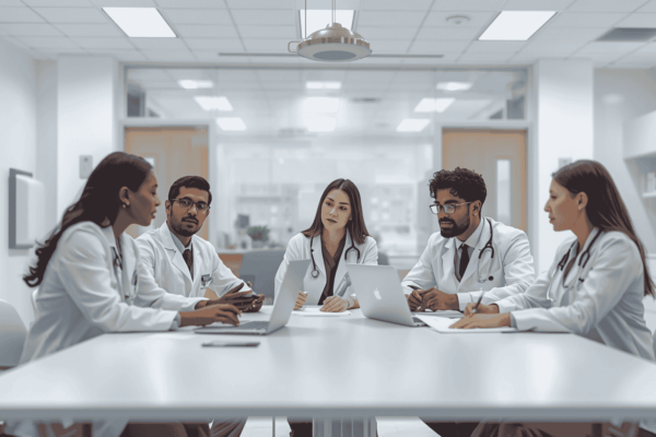Healthcare administrators reviewing outpatient capacity and patient demand